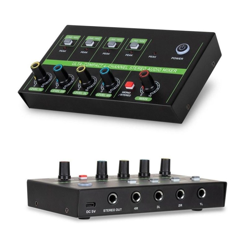 Musical Effects |   K4 4-Channel Audio Mixer: Low-Noise Mono Stereo Line Mixer for Wired Microphones, Electronic Pianos, Computers, Guitars, and Electronic Drums Black Musical Effects Black