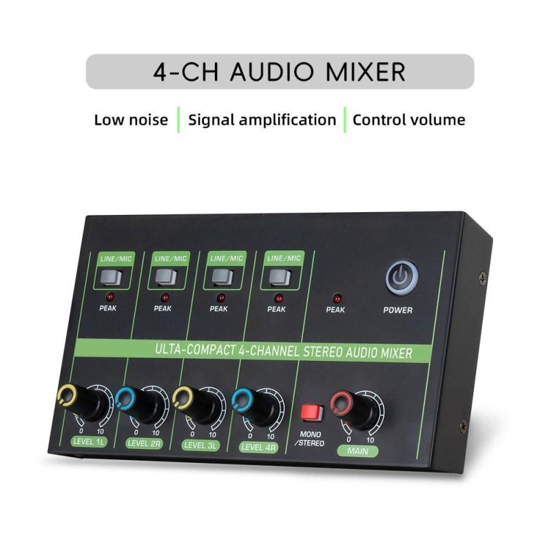 Musical Effects |   K4 4-Channel Audio Mixer: Low-Noise Mono Stereo Line Mixer for Wired Microphones, Electronic Pianos, Computers, Guitars, and Electronic Drums Black Musical Effects Black