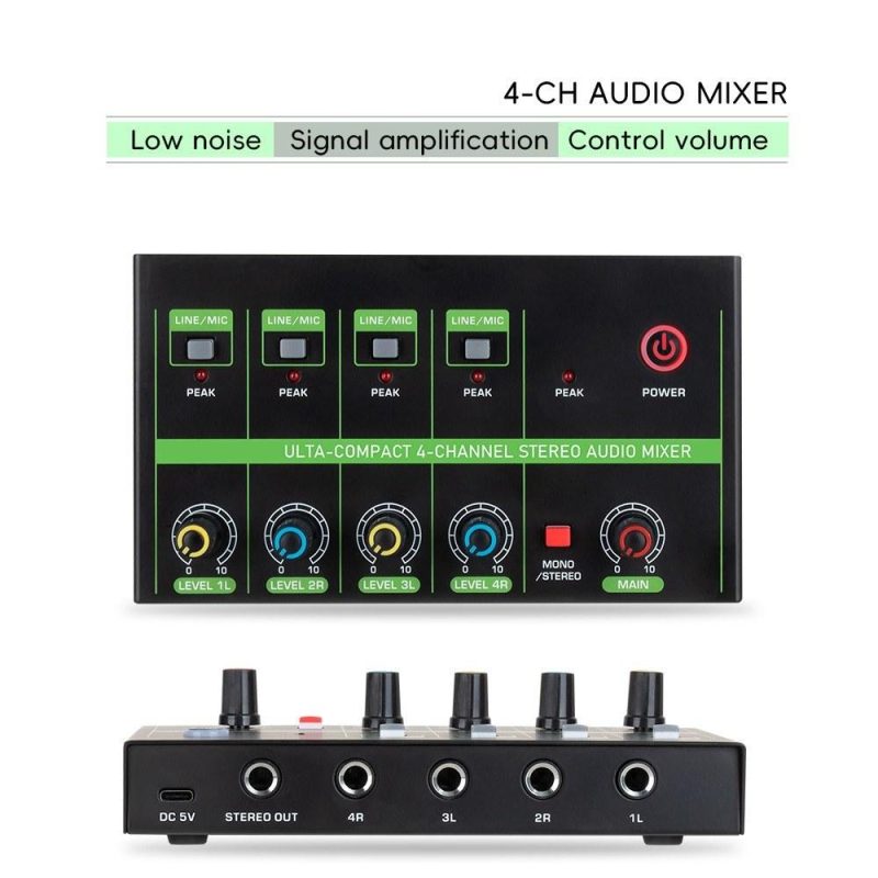 Musical Effects |   K4 4-Channel Audio Mixer: Low-Noise Mono Stereo Line Mixer for Wired Microphones, Electronic Pianos, Computers, Guitars, and Electronic Drums Black Musical Effects Black