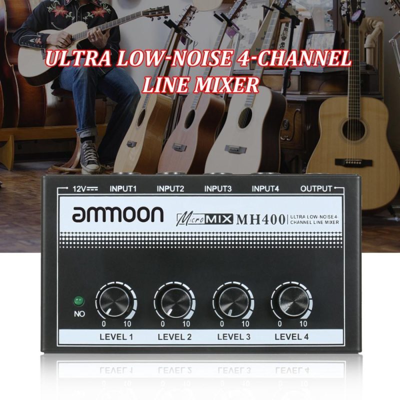 Musical Effects |   MH400 Ultra Low-Noise 4-Channel Line Mixer Mini Audio Mixer with 1/4-inch TS Inputs & Output Volume Control for Guitars Bass Keyboards Black Musical Effects Black