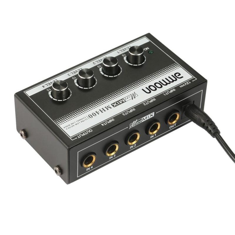 Musical Effects |   MH400 Ultra Low-Noise 4-Channel Line Mixer Mini Audio Mixer with 1/4-inch TS Inputs & Output Volume Control for Guitars Bass Keyboards Black Musical Effects Black