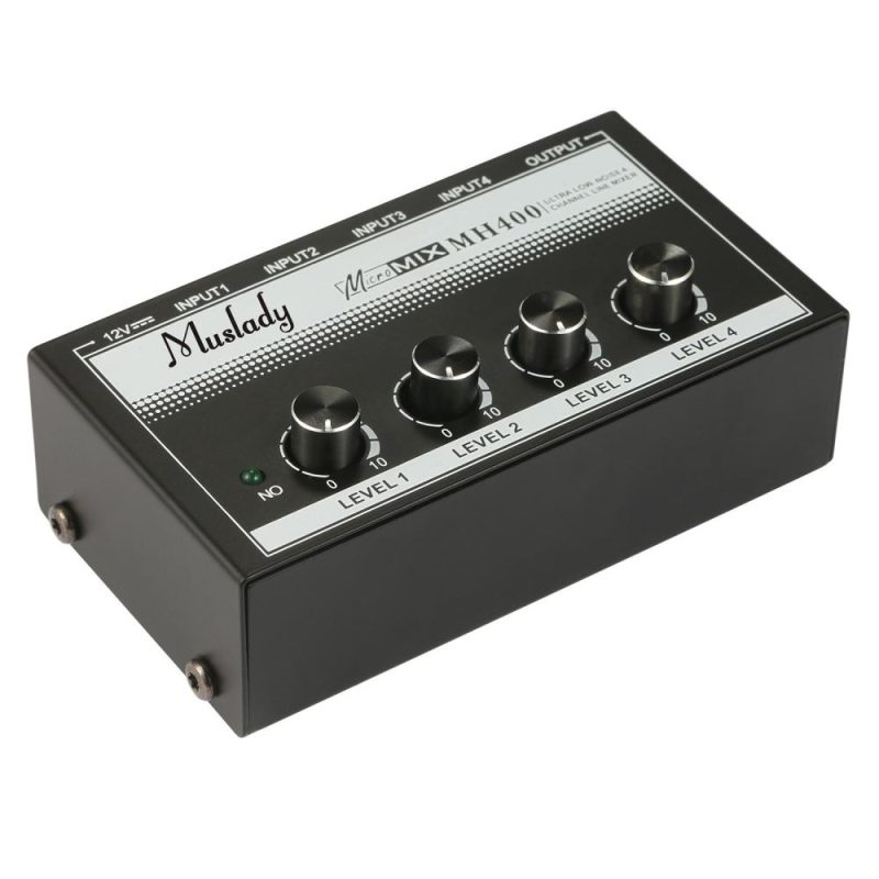 Musical Effects |   MH400 Ultra Low-Noise 4-Channel Line Mixer Mini Audio Mixer with 1/4-inch TS Inputs & Output Volume Control for Guitars Bass Keyboards Black Musical Effects Black