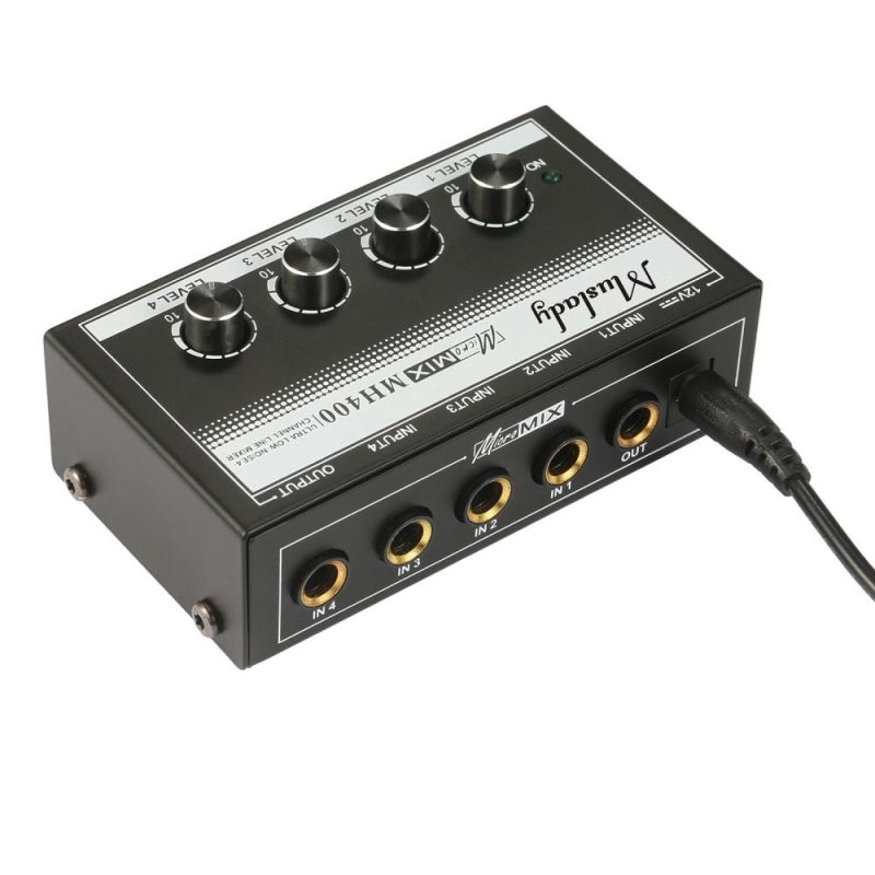 Musical Effects |   MH400 Ultra Low-Noise 4-Channel Line Mixer Mini Audio Mixer with 1/4-inch TS Inputs & Output Volume Control for Guitars Bass Keyboards Black Musical Effects Black