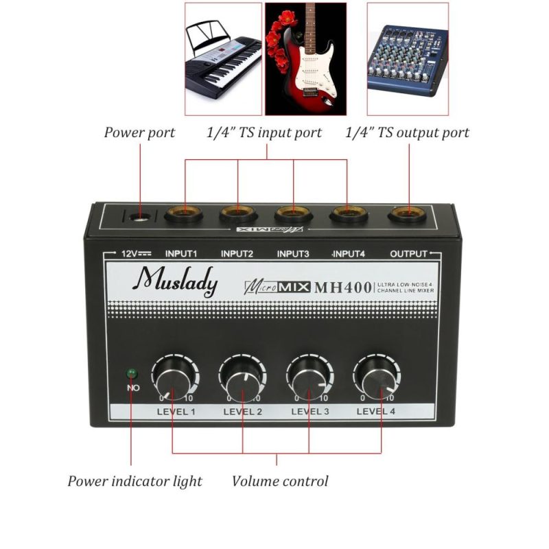 Musical Effects |   MH400 Ultra Low-Noise 4-Channel Line Mixer Mini Audio Mixer with 1/4-inch TS Inputs & Output Volume Control for Guitars Bass Keyboards Black Musical Effects Black