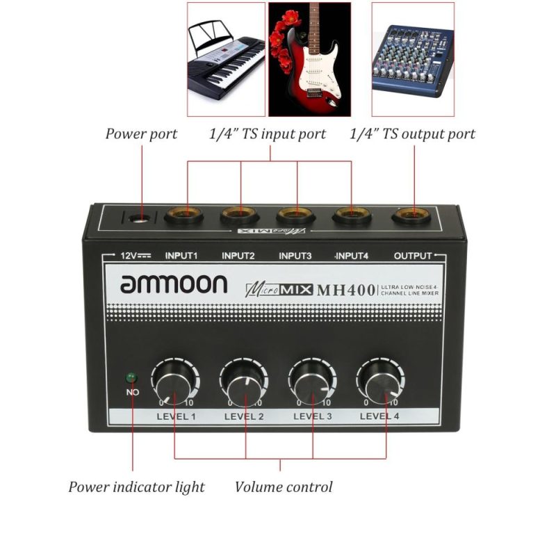 Musical Effects |   MH400 Ultra Low-Noise 4-Channel Line Mixer Mini Audio Mixer with 1/4-inch TS Inputs & Output Volume Control for Guitars Bass Keyboards Black Musical Effects Black