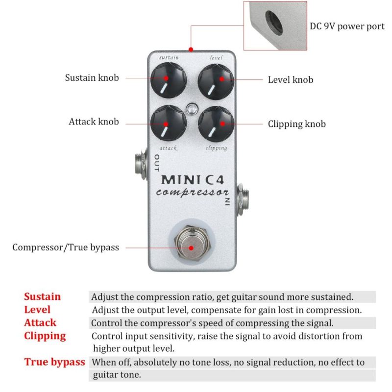 Musical Effects |   MINI C4 Compressor Guitar Effect Pedal True Bypass Silver Musical Effects Musical Effects