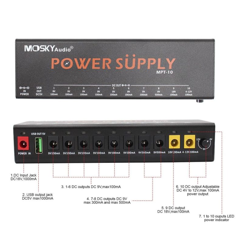 Musical Effects |   MOSKYAUDIO MPT-10 11-Channel Guitar Pedal Power Supply with Independent Short Circuit Protection Pedal Board Black Musical Effects Black