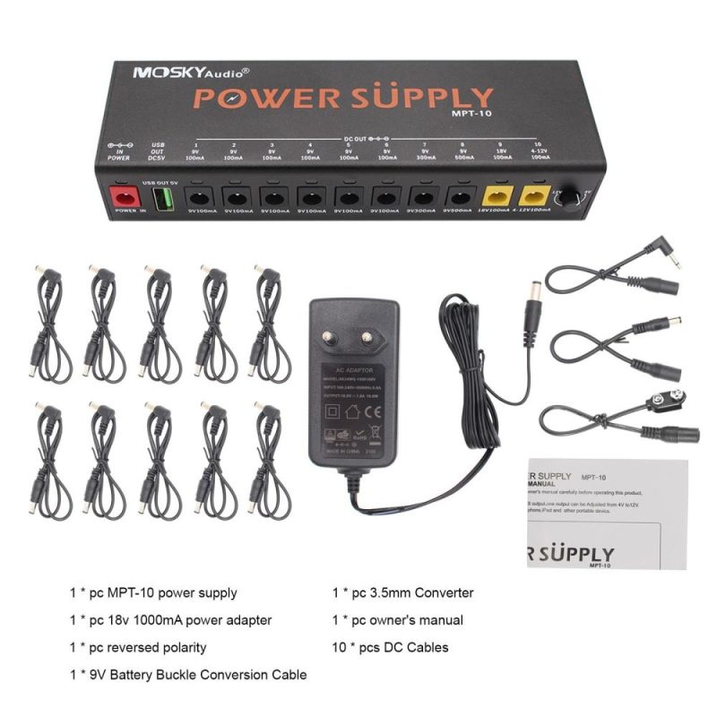 Musical Effects |   MOSKYAUDIO MPT-10 11-Channel Guitar Pedal Power Supply with Independent Short Circuit Protection Pedal Board Black Musical Effects Black