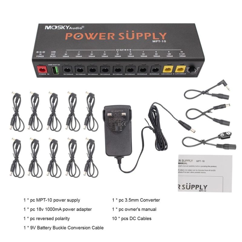 Musical Effects |   MOSKYAUDIO MPT-10 11-Channel Guitar Pedal Power Supply with Independent Short Circuit Protection Pedal Board Black Musical Effects Black