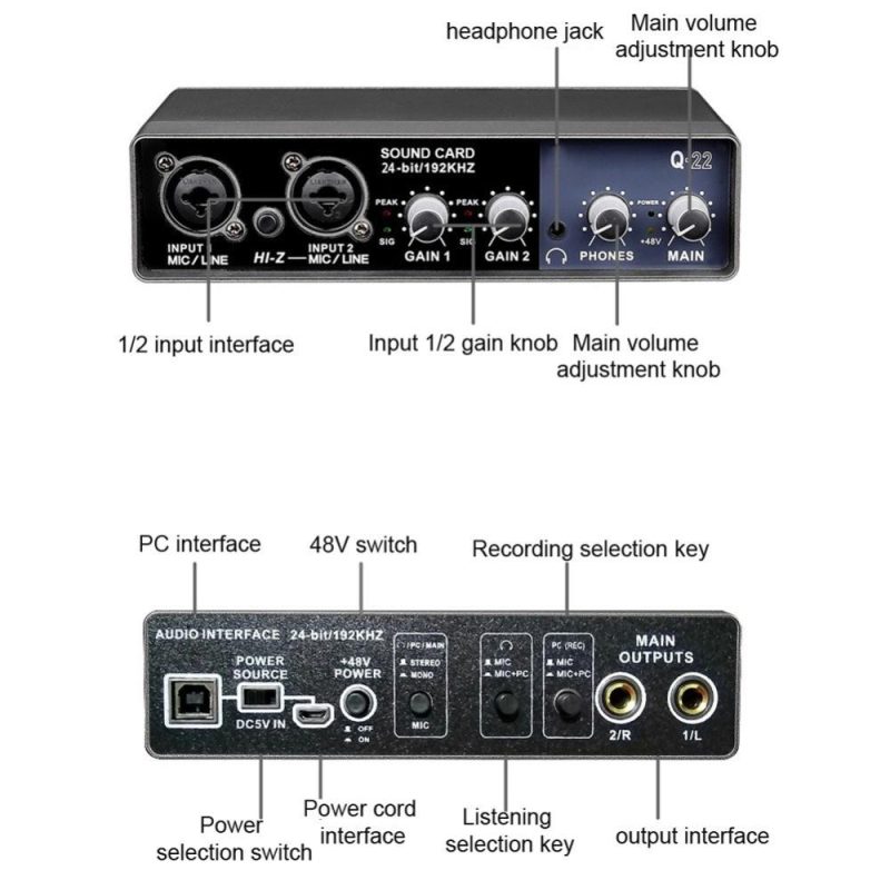 Musical Effects |   Portable Audio Interface USB Sound Card Mic Preamplifier Computers Recording Tuning Digital Mixing Equipment Black Musical Effects Black