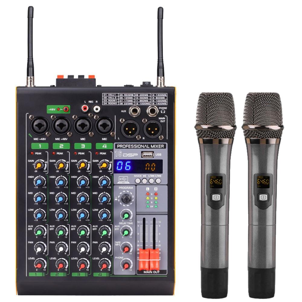 Musical Effects |   Professional 4-Channel BT Audio Mixer with 2 Wireless Microphones LED Digital Mixing Console Black Musical Effects Black