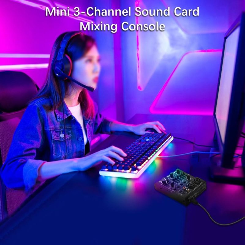 Musical Effects |   Q303 Mini 3-Channel Sound Card Mixing Console Digital Audio Mixer Black Musical Effects Black