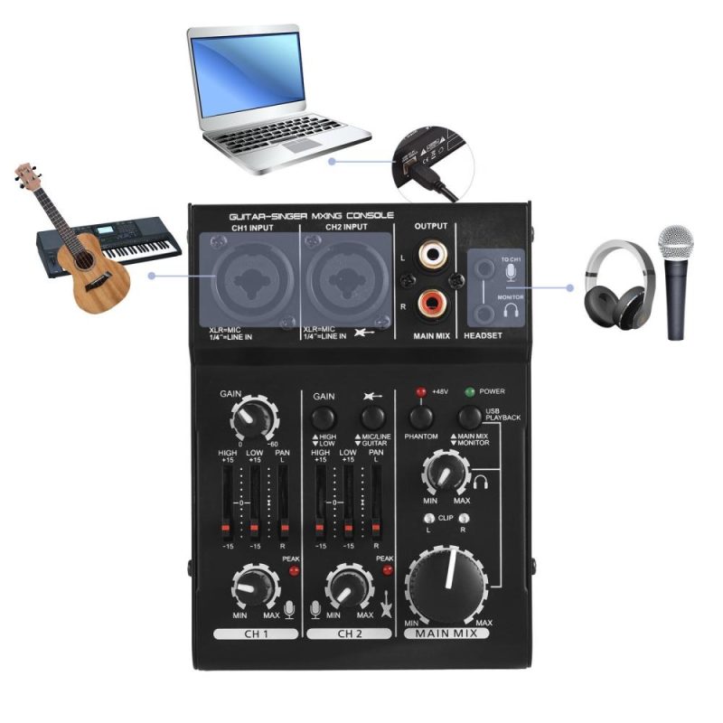 Musical Effects |   Q303 Mini 3-Channel Sound Card Mixing Console Digital Audio Mixer Black Musical Effects Black