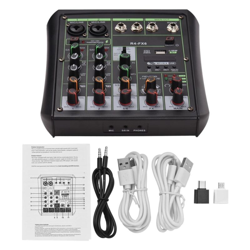 Musical Effects |   R4-FX6 6 Channel Audio Mixer 48V Phantom Power OTG Mixing Console Black Musical Effects Black