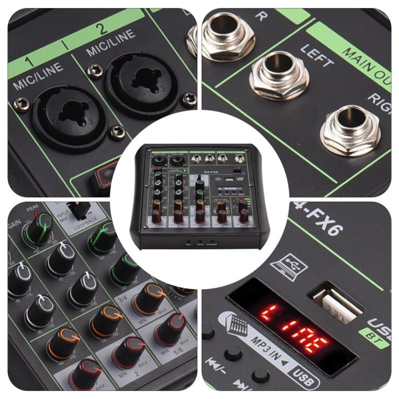 Musical Effects |   R4-FX6 6 Channel Audio Mixer 48V Phantom Power OTG Mixing Console Black Musical Effects Black