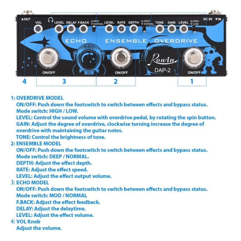 Musical Effects |   ROWIN DAP-2 3-in-1 Guitar Multi Effects Pedal – Echo, Ensemble, Overdrive – Compact and Portable Black & Blue Musical Effects Black &Blue