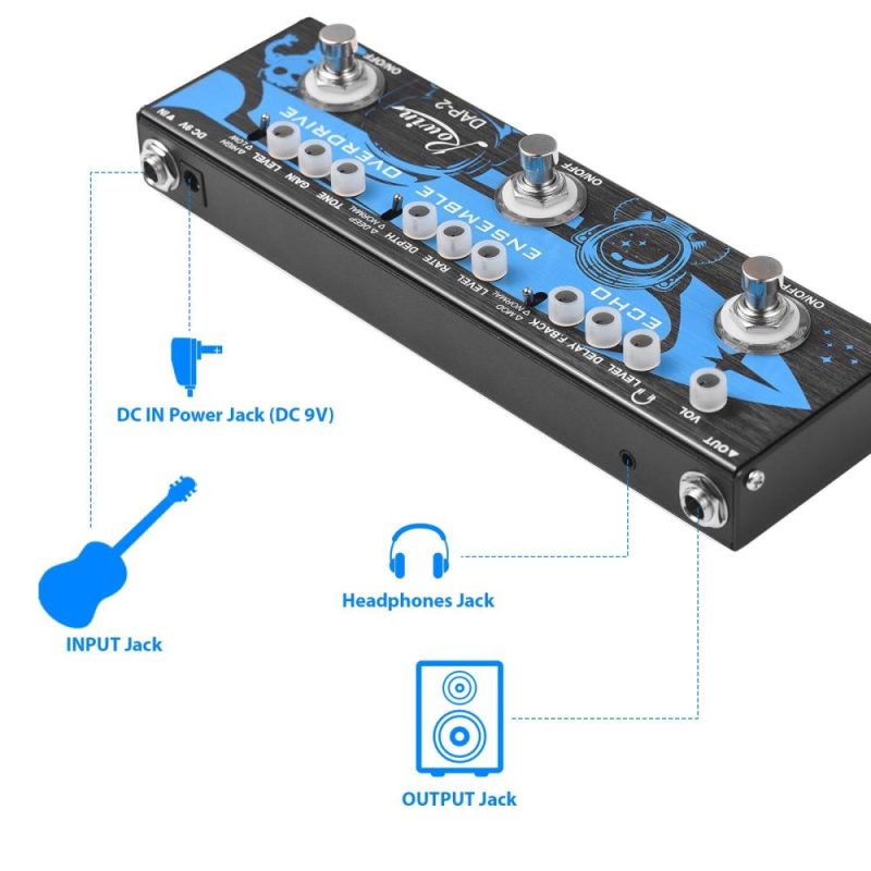 Musical Effects |   ROWIN DAP-2 3-in-1 Guitar Multi Effects Pedal – Echo, Ensemble, Overdrive – Compact and Portable Black & Blue Musical Effects Black &Blue