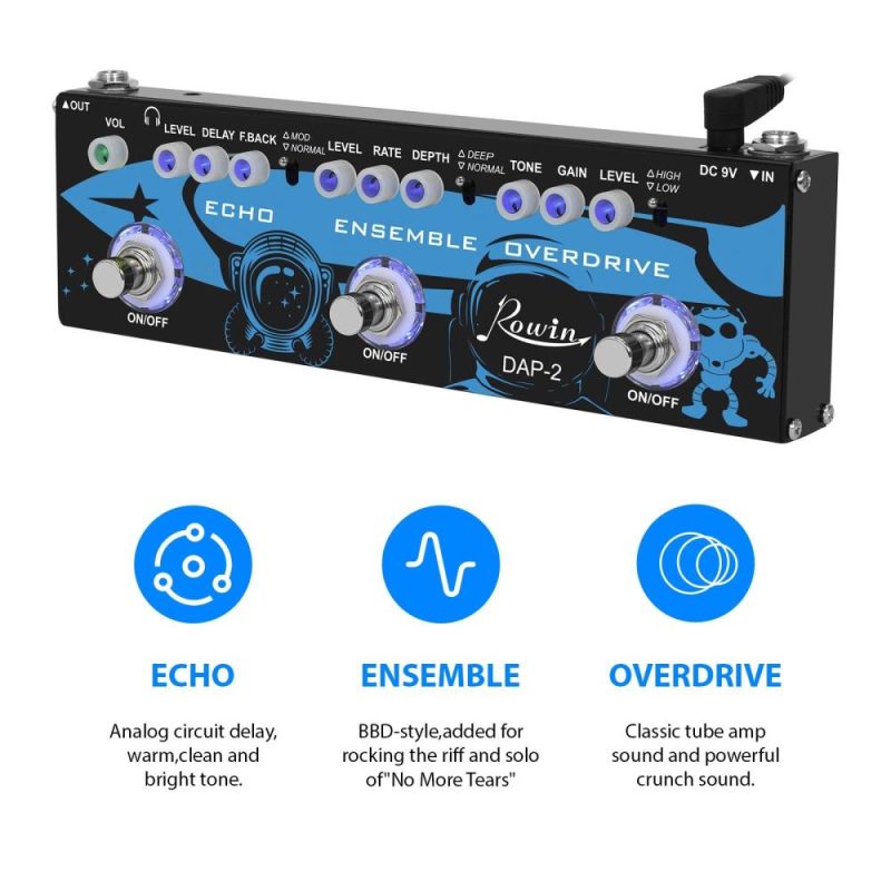 Musical Effects |   ROWIN DAP-2 3-in-1 Guitar Multi Effects Pedal – Echo, Ensemble, Overdrive – Compact and Portable Black & Blue Musical Effects Black &Blue