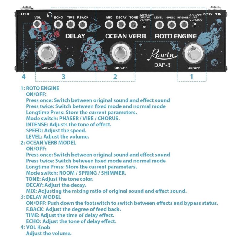 Musical Effects |   ROWIN DAP-3 Guitar Multi-Effects Pedal : 3-in-1 Delay, Ocean Verb, Roto Engine – Portable with True Bypass Black Musical Effects Black