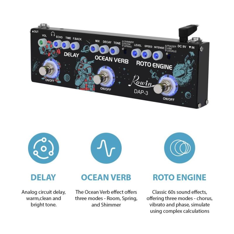 Musical Effects |   ROWIN DAP-3 Guitar Multi-Effects Pedal : 3-in-1 Delay, Ocean Verb, Roto Engine – Portable with True Bypass Black Musical Effects Black