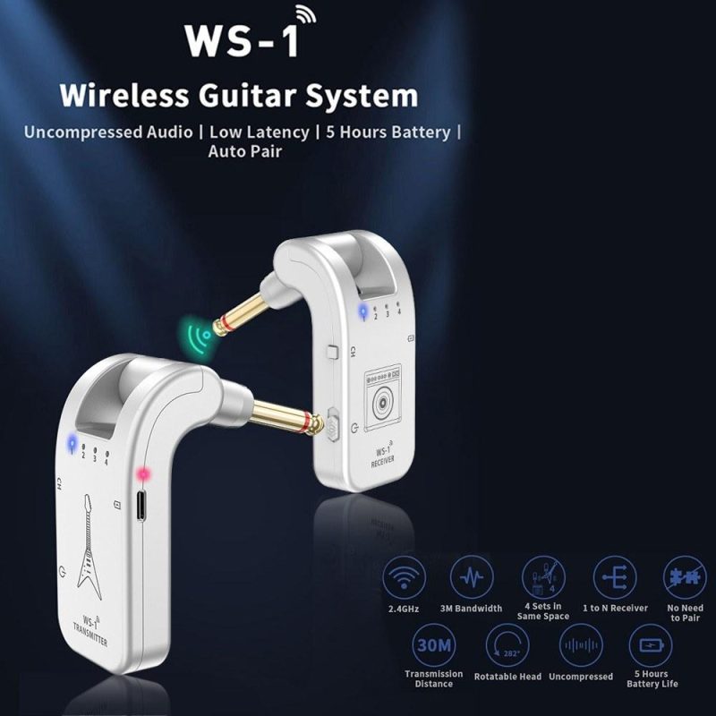 Musical Effects |   WS-1 2.4GHz Wireless Guitar System Rechargeable Audio Transmitter and Receiver Silver Musical Effects Musical Effects