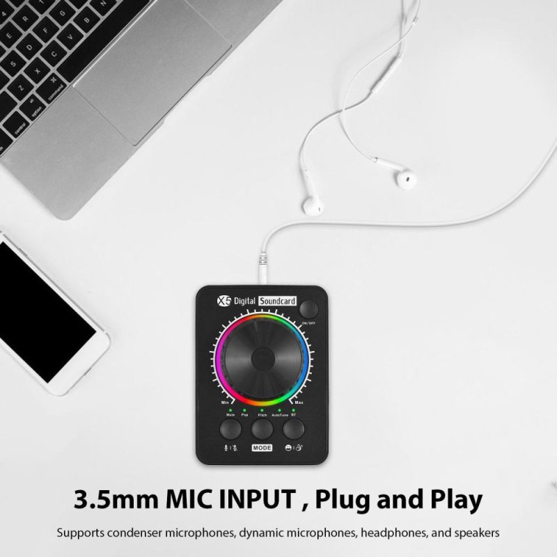 Musical Effects |   X5 Professional Live Streaming External Sound Card for PC, Phones, and Laptops, with BT Music Input Accompaniment and USB Multimedia Volume Knob Black Musical Effects Black