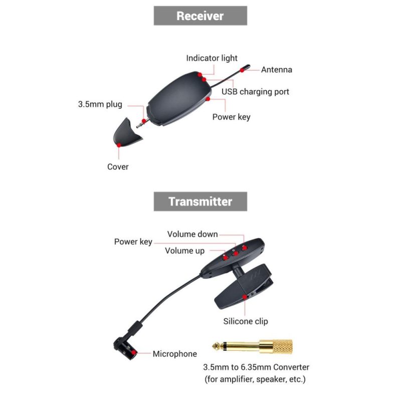 Others |   UHF Wireless Cardioid Condenser Microphone Clip-on Musical Instrument Mic for Saxophone Trumpets Clarinet Black Musical Instruments Black