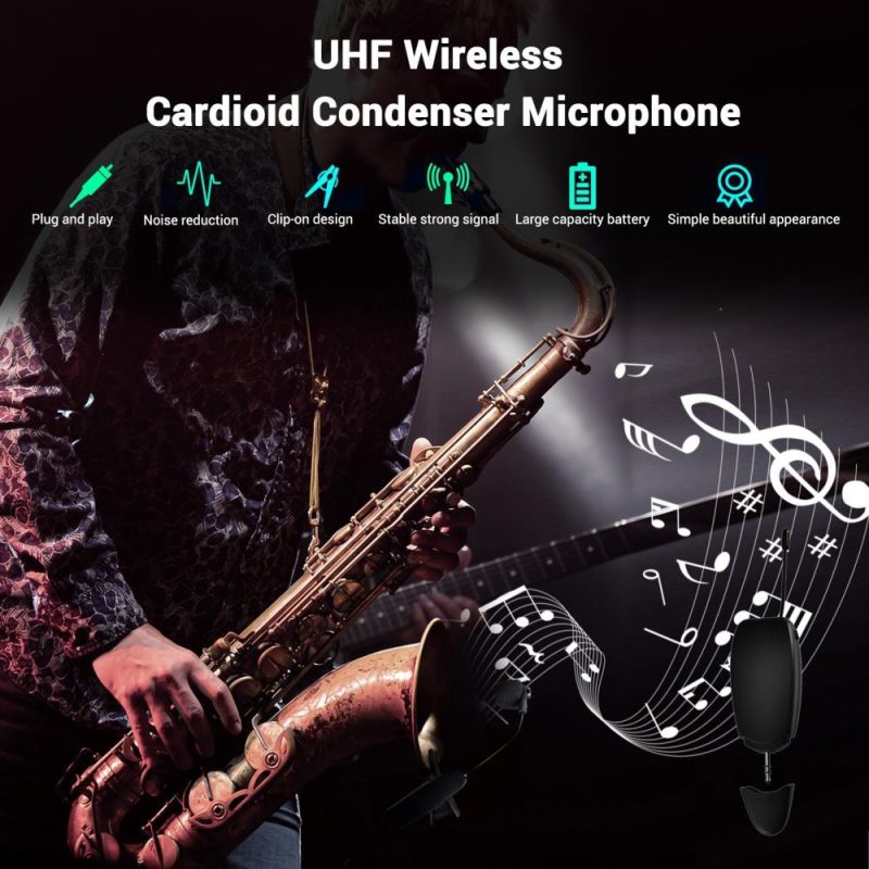 Others |   UHF Wireless Cardioid Condenser Microphone Clip-on Musical Instrument Mic for Saxophone Trumpets Clarinet Black Musical Instruments Black