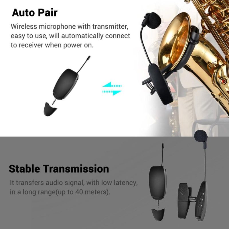 Others |   UHF Wireless Cardioid Condenser Microphone Clip-on Musical Instrument Mic for Saxophone Trumpets Clarinet Black Musical Instruments Black