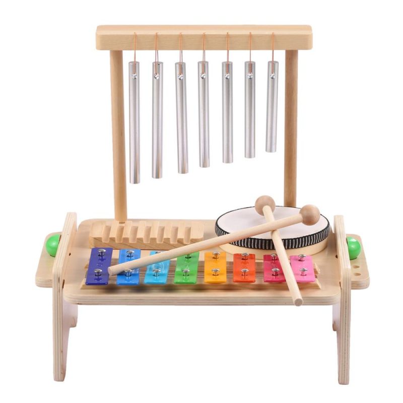 Others |   Wind Chime Combination Set Kids Drum Set Windchime Xylophone Drum Wood Guiro Scraper 4-in-1 Musical Instruments Set Natural Wood Musical Instruments Natural Wood