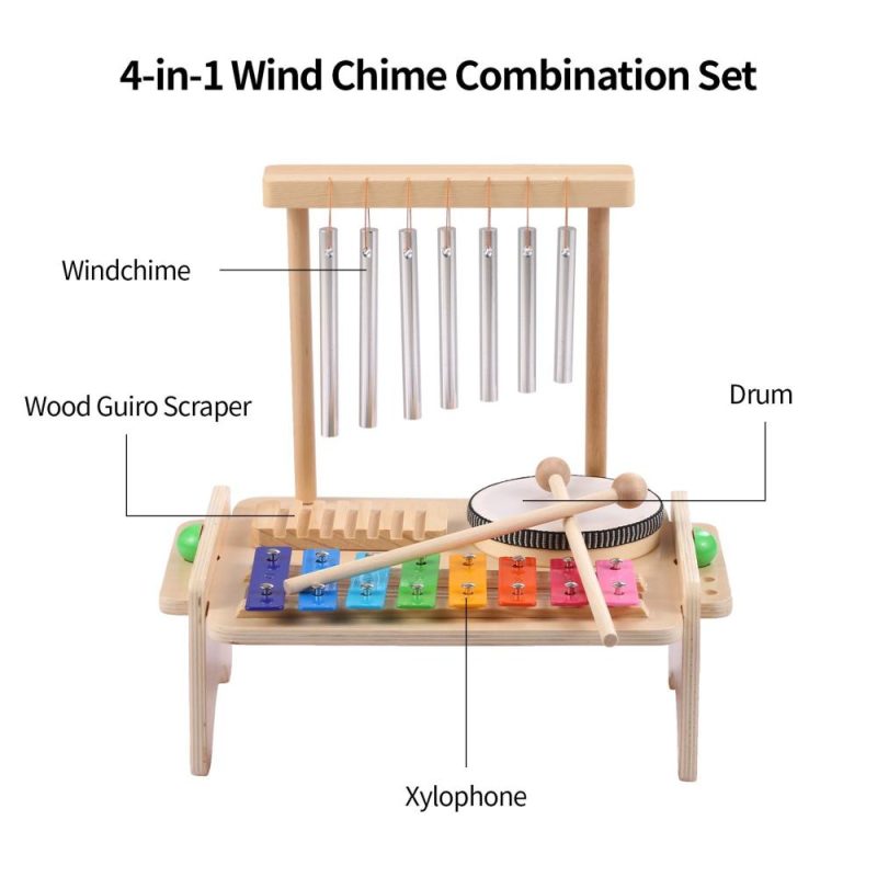 Others |   Wind Chime Combination Set Kids Drum Set Windchime Xylophone Drum Wood Guiro Scraper 4-in-1 Musical Instruments Set Natural Wood Musical Instruments Natural Wood