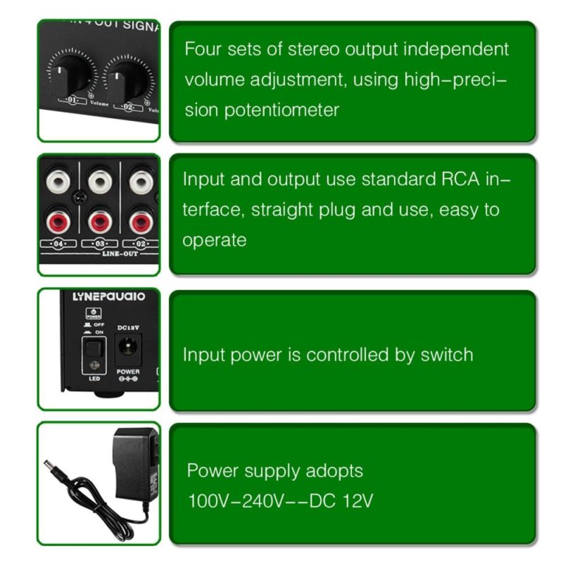 Pro Audio Equipment |   1-in-4-out Stereo Audio Amplifier Amp Signal Distributor Black Musical Instruments Black