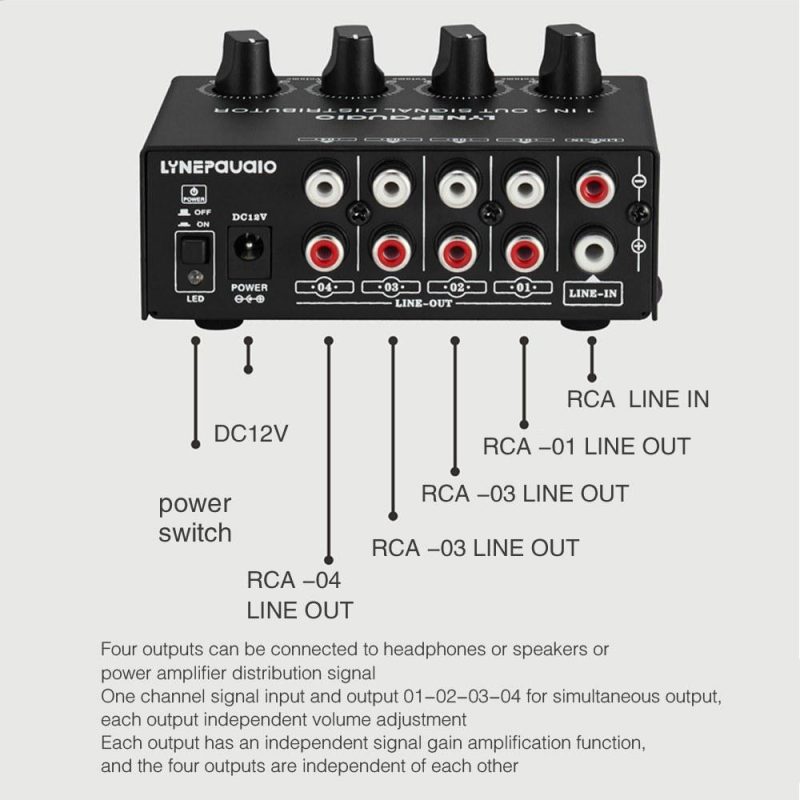 Pro Audio Equipment |   1-in-4-out Stereo Audio Amplifier Amp Signal Distributor Black Musical Instruments Black