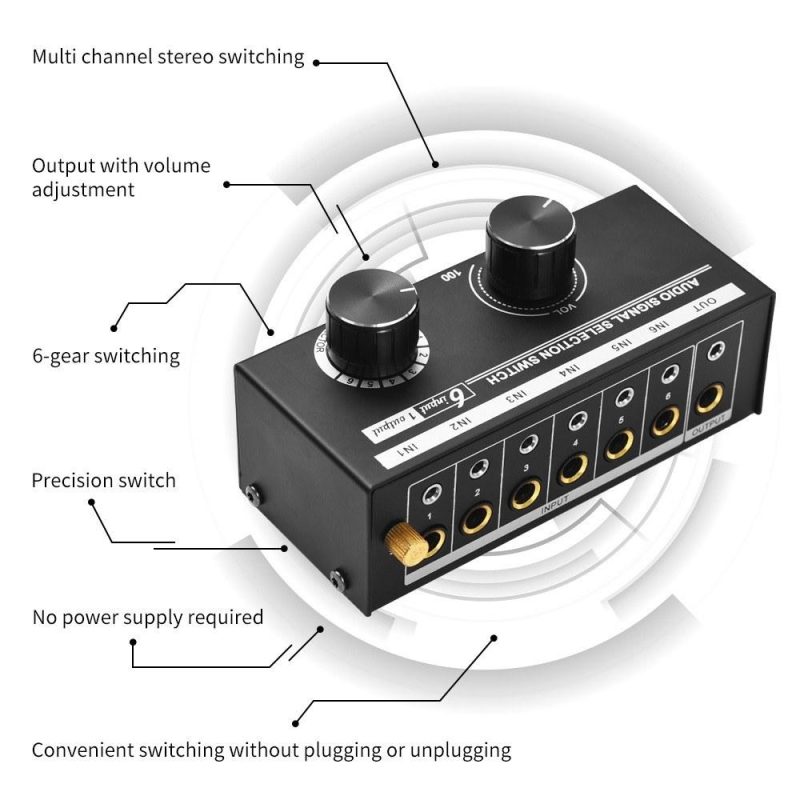 Pro Audio Equipment |   6-in-1-out Audio Signal Selector Switcher QH-06 6 Input & 1 Output Source Selection Switcher Black Musical Instruments Black