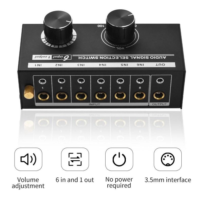 Pro Audio Equipment |   6-in-1-out Audio Signal Selector Switcher QH-06 6 Input & 1 Output Source Selection Switcher Black Musical Instruments Black