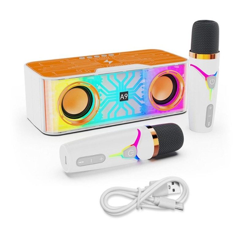 Pro Audio Equipment |   A9 Pro Karaoke Machine: Portable, Transparent Mecha Design Speaker with LED Lights & 2 Wireless Microphones Orange Musical Instruments Orange