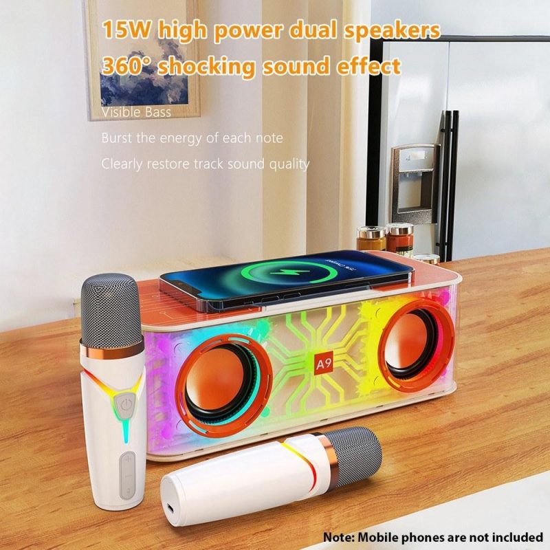 Pro Audio Equipment |   A9 Pro Karaoke Machine: Portable, Transparent Mecha Design Speaker with LED Lights & 2 Wireless Microphones Orange Musical Instruments Orange