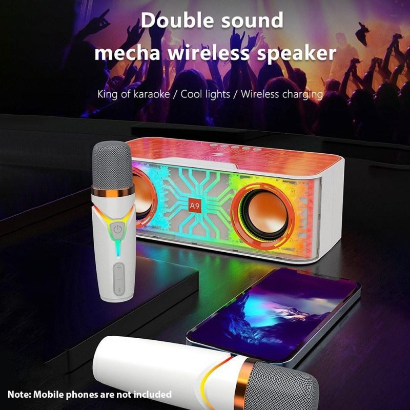 Pro Audio Equipment |   A9 Pro Karaoke Machine: Portable, Transparent Mecha Design Speaker with LED Lights & 2 Wireless Microphones Orange Musical Instruments Orange