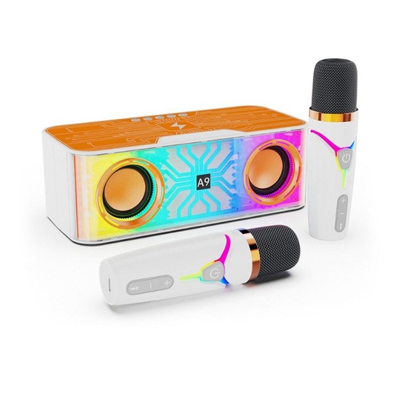 Pro Audio Equipment |   A9 Pro Karaoke Machine: Portable, Transparent Mecha Design Speaker with LED Lights & 2 Wireless Microphones Orange Musical Instruments Orange