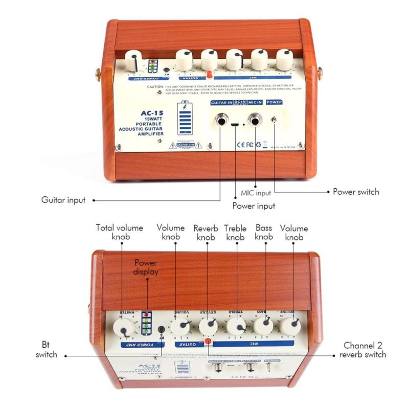 Pro Audio Equipment |   AC-15 15W Portable Acoustic Guitar Amplifier Amp BT Speaker with Microphone Orange Musical Instruments Orange