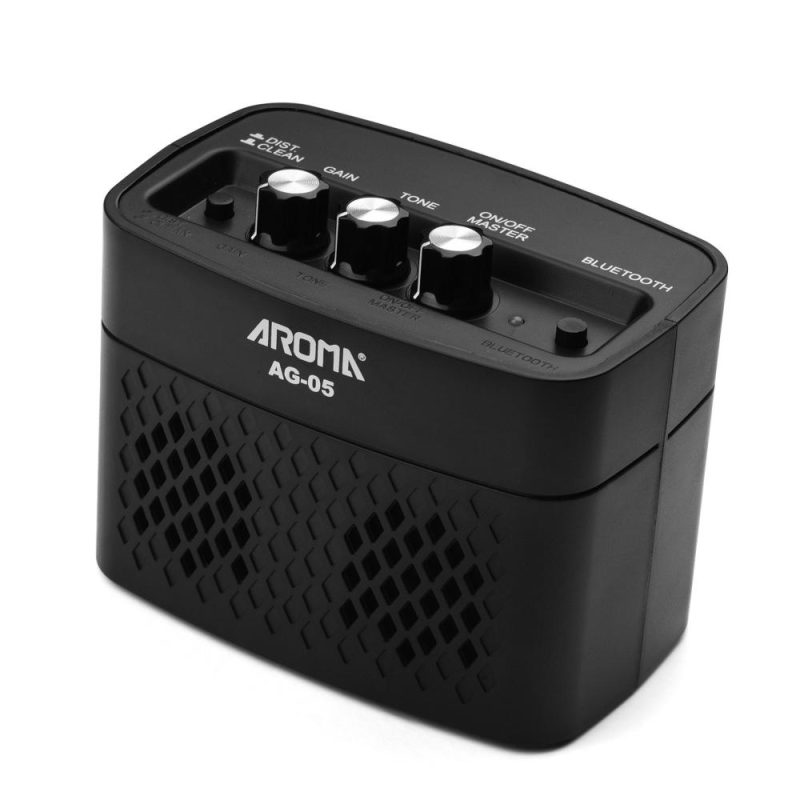 Pro Audio Equipment |   AG-05 Bluetooth Electric Guitar Amp Amplifier 5-Watt Stereo Output Distortion Gain Tone Control 3.5mm Monitoring 6.35mm Input with Rechargeable 2200mAh Battery Black Musical Instruments Black