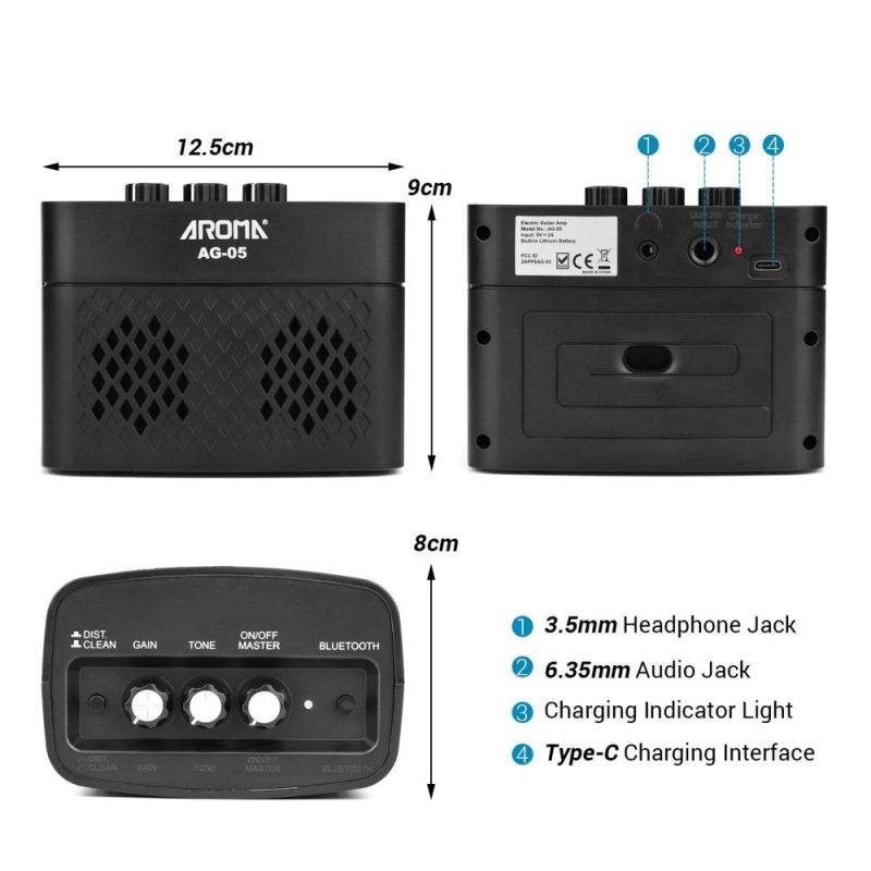 Pro Audio Equipment |   AG-05 Bluetooth Electric Guitar Amp Amplifier 5-Watt Stereo Output Distortion Gain Tone Control 3.5mm Monitoring 6.35mm Input with Rechargeable 2200mAh Battery Black Musical Instruments Black