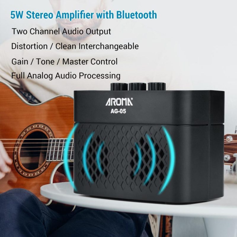 Pro Audio Equipment |   AG-05 Bluetooth Electric Guitar Amp Amplifier 5-Watt Stereo Output Distortion Gain Tone Control 3.5mm Monitoring 6.35mm Input with Rechargeable 2200mAh Battery Black Musical Instruments Black