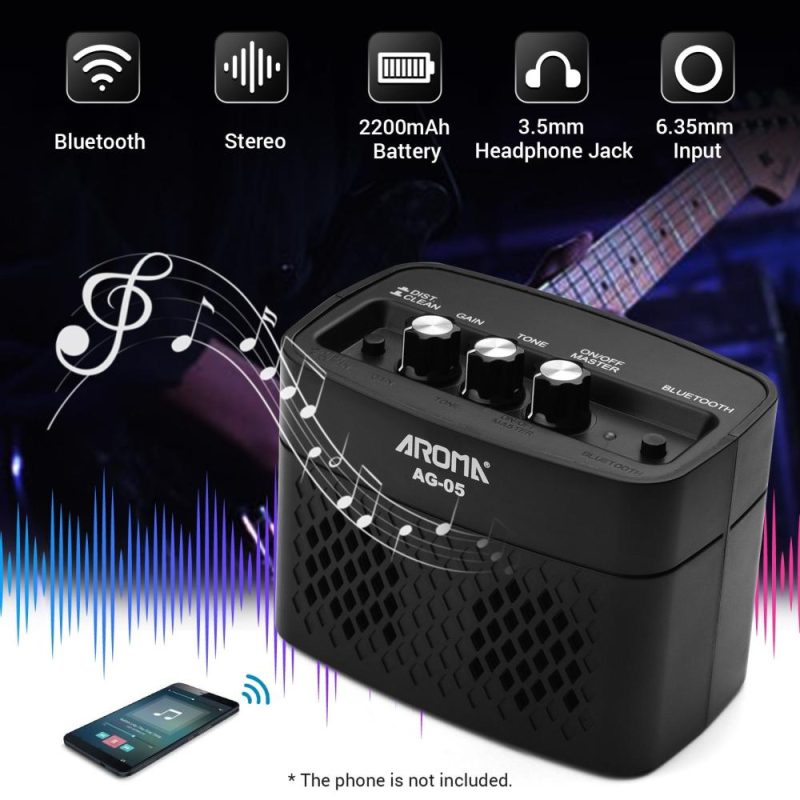 Pro Audio Equipment |   AG-05 Bluetooth Electric Guitar Amp Amplifier 5-Watt Stereo Output Distortion Gain Tone Control 3.5mm Monitoring 6.35mm Input with Rechargeable 2200mAh Battery Black Musical Instruments Black