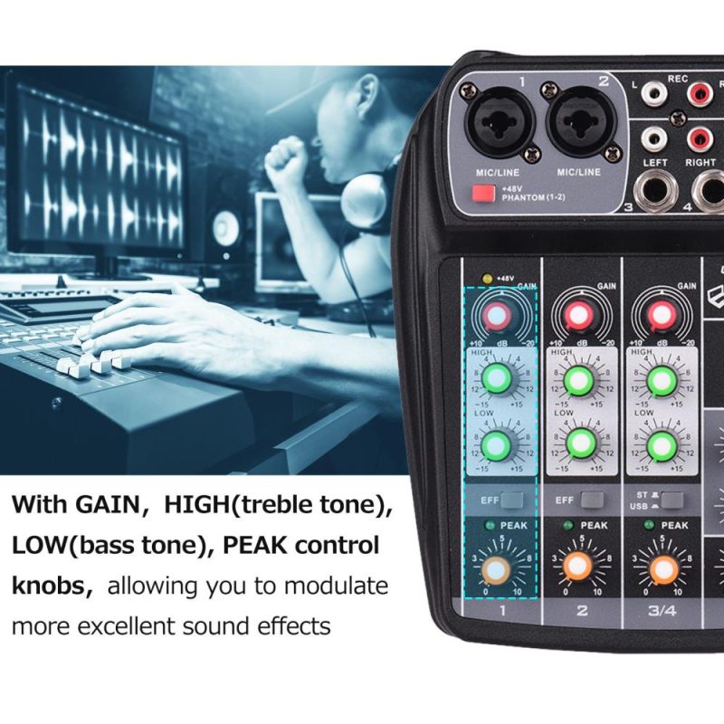 Pro Audio Equipment |   AI-4 Compact Sound Card Mixing Console Digital Audio Mixer 4-Channel BT MP3 USB Input +48V Phantom Power Black Musical Instruments Black