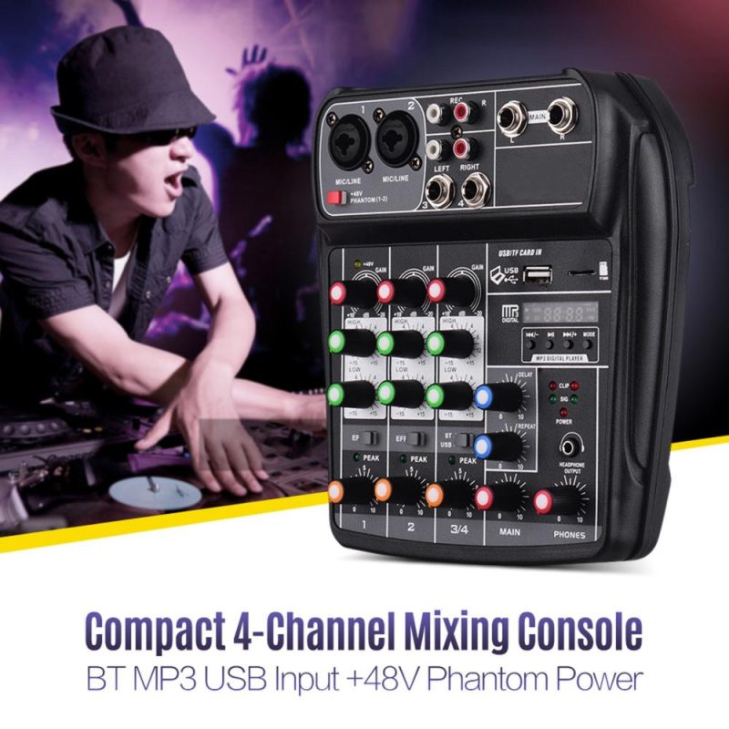 Pro Audio Equipment |   AI-4 Compact Sound Card Mixing Console Digital Audio Mixer 4-Channel BT MP3 USB Input +48V Phantom Power Black Musical Instruments Black