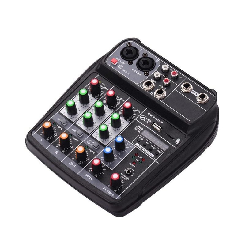 Pro Audio Equipment |   AI-4 Compact Sound Card Mixing Console Digital Audio Mixer 4-Channel BT MP3 USB Input +48V Phantom Power Black Musical Instruments Black