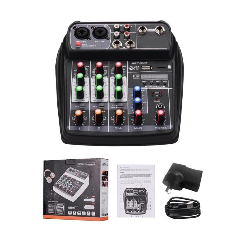 Pro Audio Equipment |   AI-4 Compact Sound Card Mixing Console Digital Audio Mixer 4-Channel BT MP3 USB Input +48V Phantom Power Black Musical Instruments Black