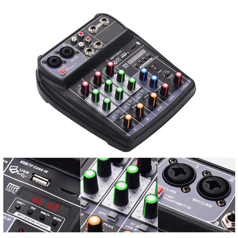 Pro Audio Equipment |   AI-4 Compact Sound Card Mixing Console Digital Audio Mixer 4-Channel BT MP3 USB Input +48V Phantom Power Black Musical Instruments Black