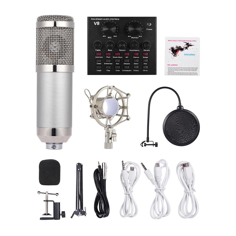 Pro Audio Equipment |   External Audio Mixing Sound Card USB Audio Interface with Multiple Sound Effects Built-in Rechargeable Battery +  Professional Studio Broadcasting Recording Condenser Microphone Mic Kit Set Silver Musical Instruments Pro Audio Equipment